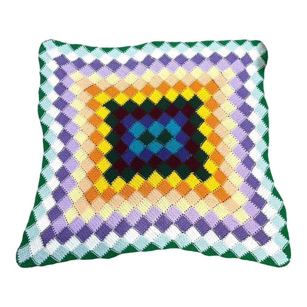 Diamond Rainbow Throw Blanket Afghan Handmade Colorful Granny Square Crochet